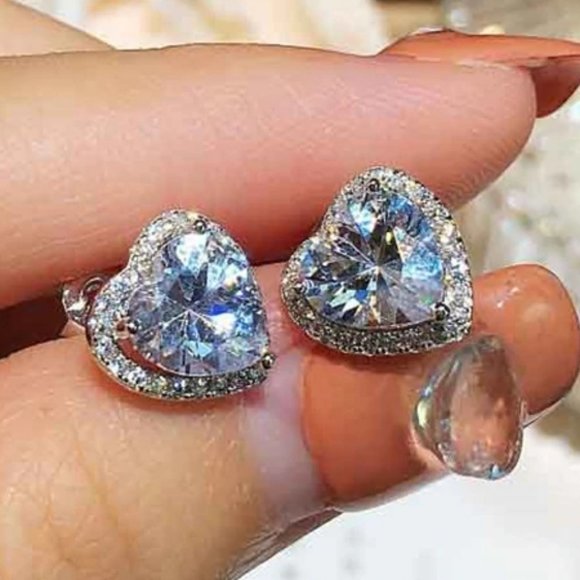 Jewelry - NEW 925 Sterling Silver Diamond Heart Halo Stud Earrings
